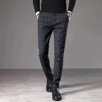 2020 Мужская демисезонная мода Плоские Тонкие Деловые Повседневные Длинные брюки для костюма Мужские прямые официальные брюки Клетчатые брюки Мужские L78