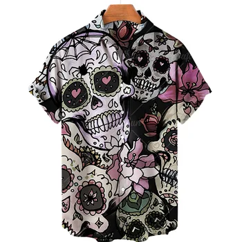 2023 Винтажные рубашки с черепами Мужские Гавайские рубашки Повседневные пляжные рубашки Рубашки на пуговицах Мужские рубашки Мужская уличная одежда