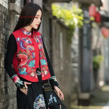 2023 традиционный китайский жилет, женский винтажный хлопковый льняной жилет, кардиган с цветочной вышивкой, женский жилет, восточный костюм тан