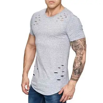 B2868 Рваные футболки с дырками, мужская футболка с коротким рукавом, летняя одежда для фитнеса, мужская забавная однотонная футболка, уличная одежда, тонкие топы, тройники