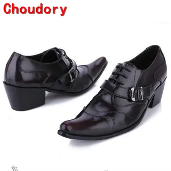 Choudory/ Большие размеры EUR46, мужские модельные туфли на шнуровке с острым носком, черные туфли из натуральной кожи на высоком каблуке с пряжкой для курения, мужские туфли