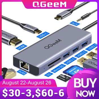 QGeeM USB C Концентратор для Macbook Pro Air HDMI VGA Micro SD Кардридеры RJ45 Aux PD OTG Мульти USB Концентратор Type C 3,0 Адаптер для Ноутбука