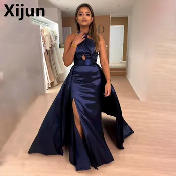 Xijun Темно-синие атласные вечерние платья русалки с бретельками на шее и кристаллами, с открытой спиной, с сексуальным разрезом, длиной до пола, платья для выпускного вечера для женщин Дубая