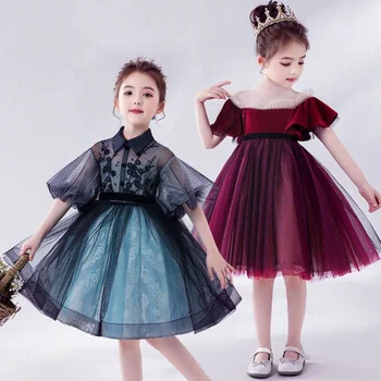 Бархатное праздничное платье для девочек, детские платья-рубашки принцессы для девочек, бальное платье с пышными рукавами для выступлений, детская одежда от 1 до 12 лет E2073