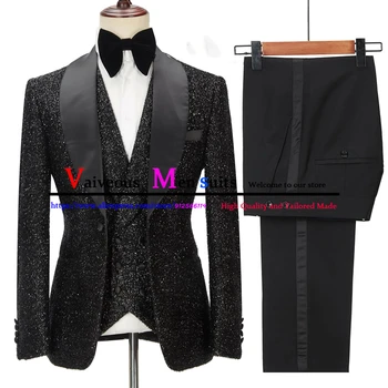 Блестящее черное пальто, брюки, смокинг, модные мужские костюмы, 3 предмета, костюмы для свадебной вечеринки жениха на заказ, приталенный мужской костюм