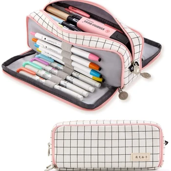 Большой пенал Большой вместимости, 3 отделения, холщовая сумка для карандашей для мальчиков-подростков, девочек-школьников (розовая полоска, черная сетка)