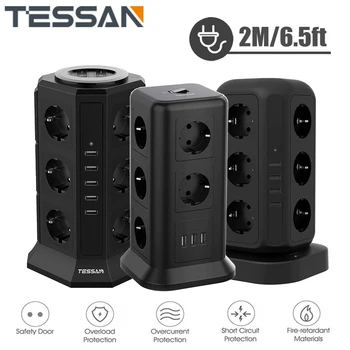 Вертикальный сетевой шнур TESSAN Tower с 11/12 розетками переменного тока, 3/4/5 USB, несколькими розетками с выключателем, защитой от перегрузки и кабелем длиной 2 метра