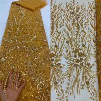 Высококачественная африканская вышивка S-1228314 Кружевная ткань с нигерийскими блестками и бисером Кружевная ткань для свадебной вечеринки