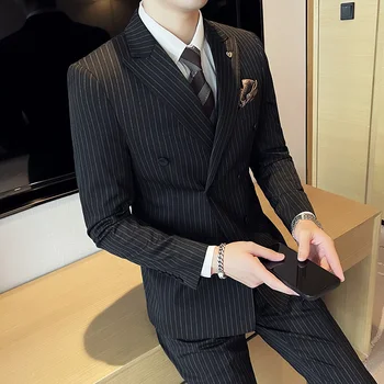 Высококачественная мужская одежда 2023 года (Блейзер + Жилет + брюки), Модный двубортный блейзер в корейскую вертикальную полоску, комплект из трех предметов