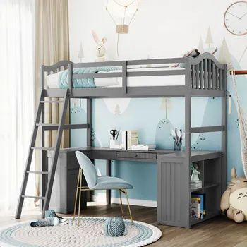 Двуспальная кровать-чердак с выдвижными ящиками, шкафом, полками и письменным столом, Деревянная кровать-чердак с письменным столом - серый