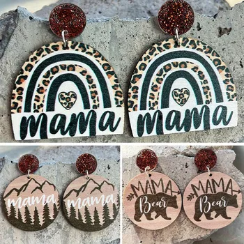 Деревянные висячие серьги с принтом MAMA BEAR MAMA Mountain для женщин Подарок на День Матери Деревянный диск Ювелирные изделия Оптом