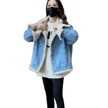 Джинсовые куртки для беременных в корейском стиле, зимнее толстое теплое пальто из овечьего пуха и флиса для беременных, верхняя одежда для беременных, Одежда для беременных