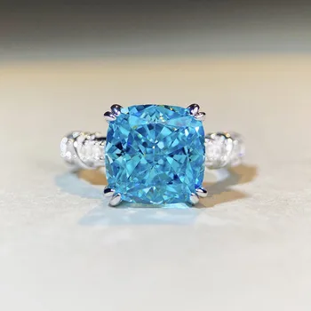 Женское кольцо с кубиком сахара с высокоуглеродистым бриллиантом, серебро S925, Роскошная индивидуальность, Простой ручной орнамент, аквамариновые украшения