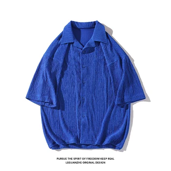 Корейские Новые Летние шорты, рубашки с рукавами, Мужская Повседневная Свободная Однотонная Мужская блузка с отложным воротником