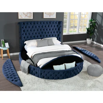 Круглая кровать Carl King синего цвета с Bluetooth-динамиком из массива дерева синего цвета [на складе в США]