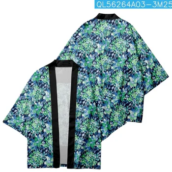 Летнее пляжное кимоно с цветочным принтом, рубашка с рукавами 3/4, модный кардиган Хаори, Юката, мужская женская азиатская одежда