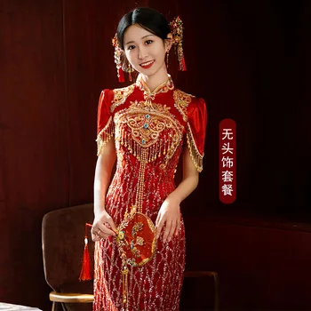 Летние традиционные китайские свадебные платья, женские восточные платья со стоячим воротником, расшитые бисером, Ципао, горный хрусталь, костюм Тан, Интернет-магазин в Китае