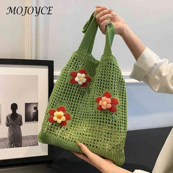 Летняя женская сумка-тоут из полой сетки с объемным цветочным декором, женская тканая маленькая вязаная сумка через плечо