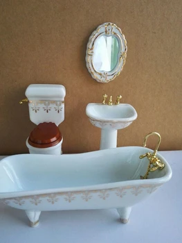 Мини-кукольный домик, миниатюрная ванная комната, Керамический туалет, Набор мебели из четырех предметов 1: 12