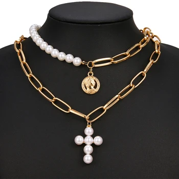 Модные жемчужины FNIO Геометрические подвески Ожерелья для женщин Золотого цвета Металлическая цепочка Ожерелье Новый дизайн Ювелирных изделий Подарок