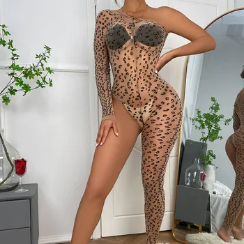 Модный шикарный Сексуальный леопардовый облегающий комбинезон с одним плечом и одним рукавом