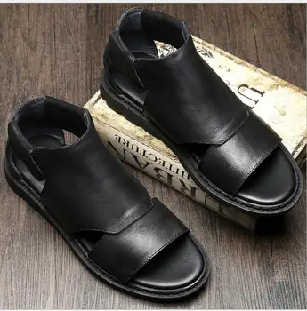 Мужские черные летние кожаные сандалии с высоким голенищем, удобные римские сандалии из натуральной коровьей кожи с открытым носком, молодежная повседневная пляжная обувь