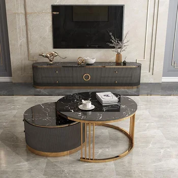 Набор из двух мраморных центральных столов для гостиной, круглого журнального столика и прямоугольной тумбы для телевизора, Комбинированная мебель для дома