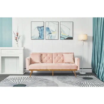 Новинка + Видео] Розовый раскладной диван-кровать для гостиной со средней частью стопы, включая две подушки из розового бархата [на складе в США]