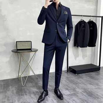 Новинка (блейзер + брюки) Модный мужской бутик в деловом итальянском стиле, однотонный, приталенный, корейская версия, повседневный свадебный комплект из 2 предметов