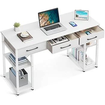 Новый 47-дюймовый белый компьютерный стол для малого офиса 2023 года: Домашний стол с выдвижными ящиками, деревянные полки для хранения, современный рабочий письменный стол