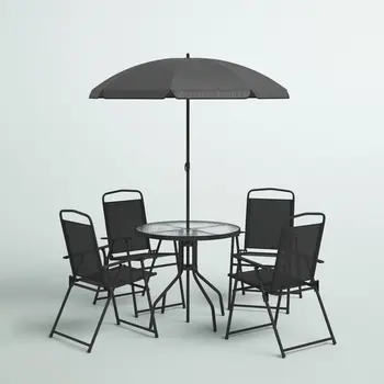 Обеденный стол из 6 предметов с зонтиком, Уличная садовая мебель для патио