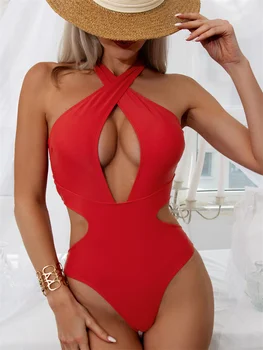Однотонный Красный цельный купальник, сексуальные купальники с эффектом пуш-ап, женская пляжная одежда на бретелях с высокой талией, обтягивающие купальники без рукавов