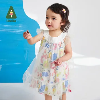 Платье для маленьких девочек Amila, новинка лета 2023, сетчатая строчка с милым цветочным принтом, милые романтические платья без рукавов, детская одежда от 0 до 6 лет