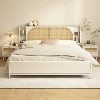 Плетеная из ротанга кровать из массива дерева cream wind 1,8 м двойная светло-белая скандинавская простая японская ротанговая кровать для хранения высотой 1,5 м