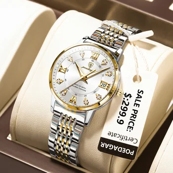Повседневные наручные часы POEDAGAR для женщин, роскошные водонепроницаемые Женские часы со светящейся датой, кварцевые женские часы из нержавеющей стали, Золотые reloj