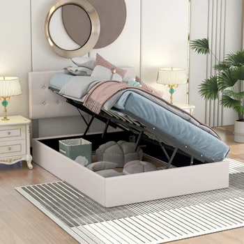Полноразмерная мягкая кровать на платформе с местом для хранения под ней, бежевый