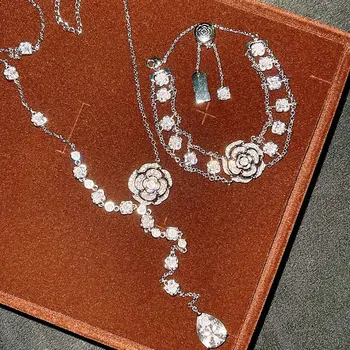 Роскошный браслет в форме цветка камелии, ожерелье с подвеской и колье-чокер для женщин