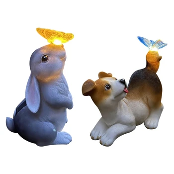 Садовая статуя, наружное украшение, собака-кролик с солнечным светом для украшения внутреннего дворика, фигурка животного из смолы
