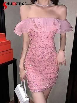 Сексуальное Женское Розовое Сетчатое Платье С блестками С Открытыми Плечами, Женское Весеннее Элегантное Вечернее Платье с запахом на Груди 2023 года для Вечеринки по случаю Дня Рождения