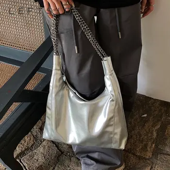 Серебристые кожаные сумки с большой цепочкой на плечо и подмышки в стиле Y2K для женщин 2023, роскошные брендовые сумки и кошельки для подмышек