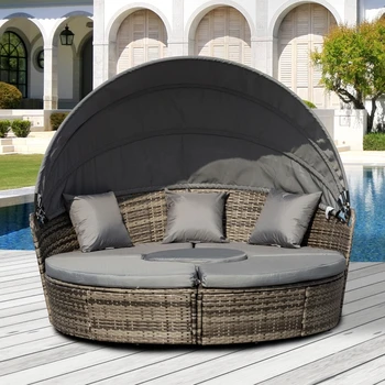 Серый набор мебели для патио из ротанга из 4 предметов, круглая раскладная кушетка или шезлонг с регулируемым солнцезащитным козырьком, секционный