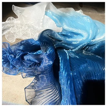 Синяя градиентная плиссированная ткань из органзы, ткань из лазерного плиссирования, ткань для шитья в гармошку, материал для костюма для платья M108F2