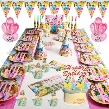 Украшения для вечеринки в честь Дня рождения девочек Disney Six Princess Белоснежка на воздушном шаре, чашки для душа, Тарелка, Скатерть, Одноразовая посуда