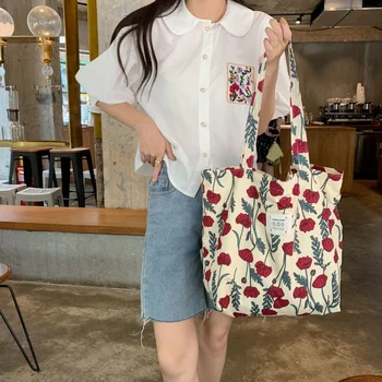 Хлопчатобумажная сумка для девочек, летняя новая Корейская сумка с милым цветком, вместительная сумка через плечо, хозяйственная сумка, повседневная женская сумка на молнии