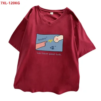 летняя футболка с забавным котом, женские креативные футболки с коротким рукавом, большие размеры 7XL, женские свободные хлопковые топы оверсайз с v-образным вырезом, 50 52 54, красный